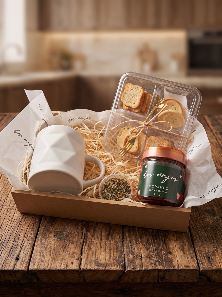 Kit de presente com caneca, geleia artesanal de morango e torradinhas em caixa kraft