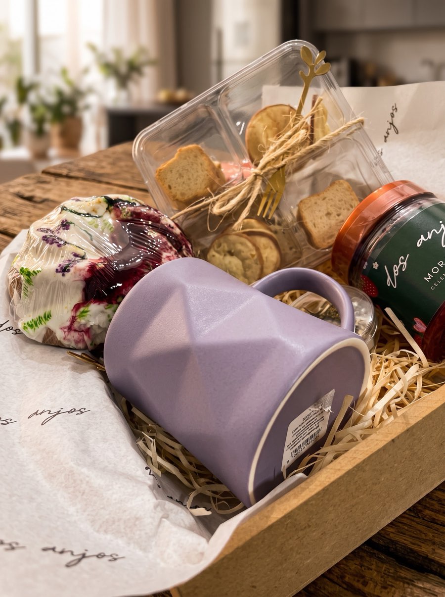 Detalhe de um kit com caneca lilás e papel de seda personalizado dos anjos
