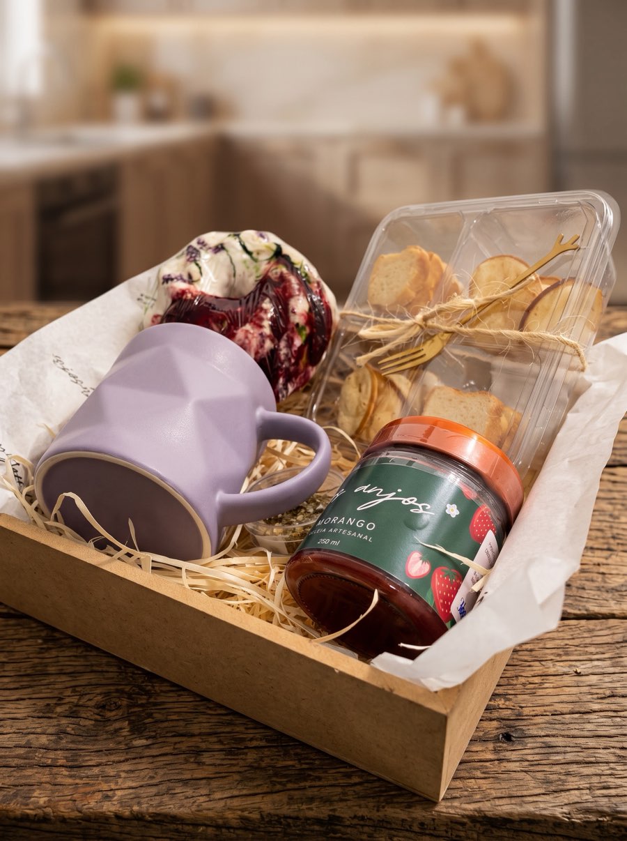 Kit com caneca lilás, geleia de morango, torradinhas e bolo de frutas vermelhas