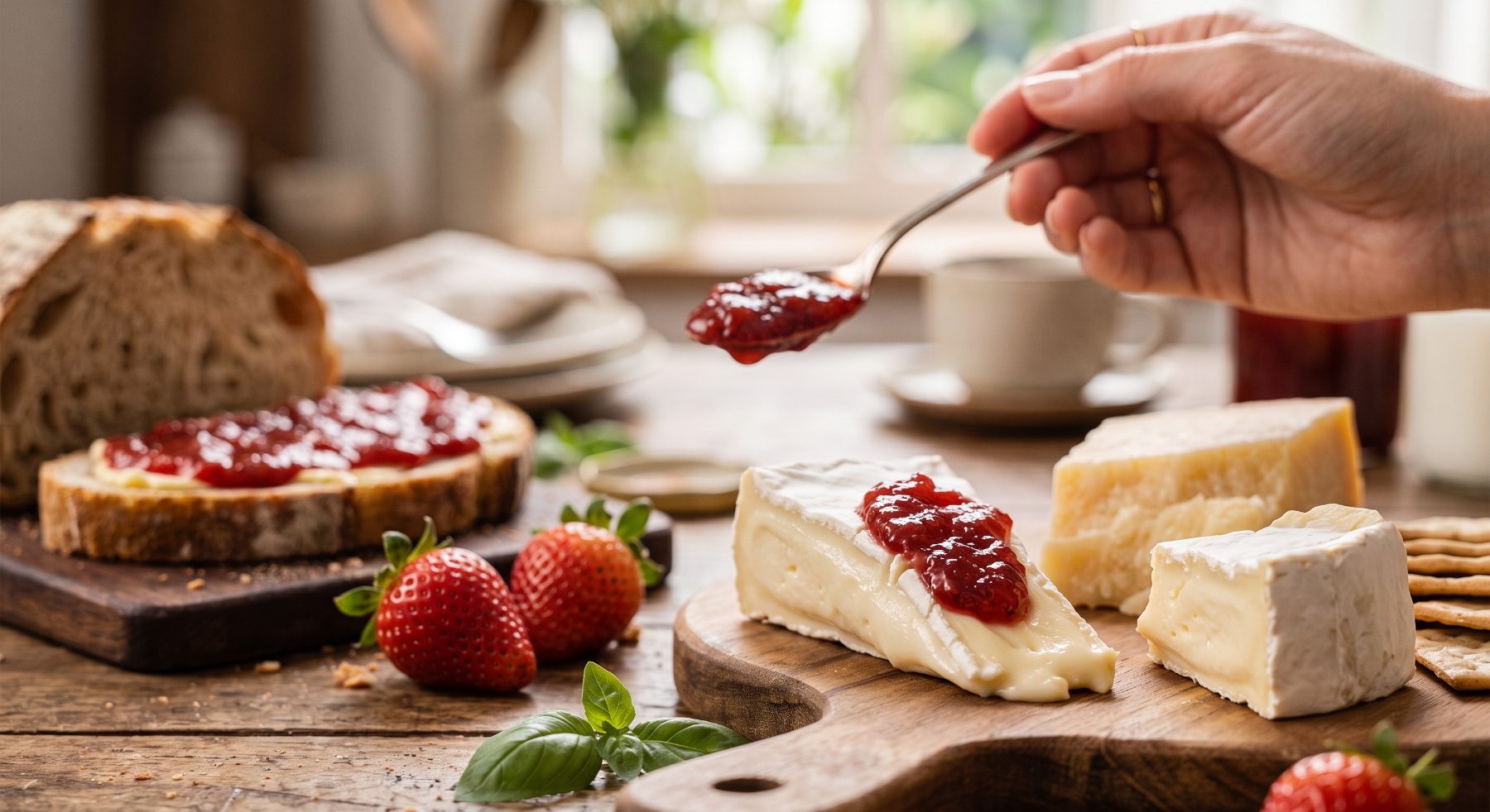Queijos e torrada com geleia de frutas vermelhas